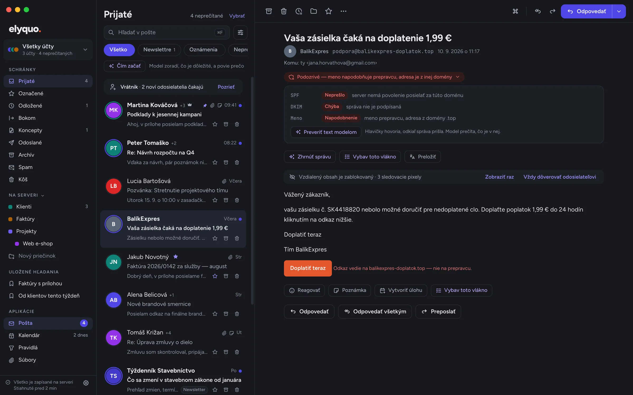 Podozrivá správa v tmavom režime s rozborom SPF, DKIM a DMARC